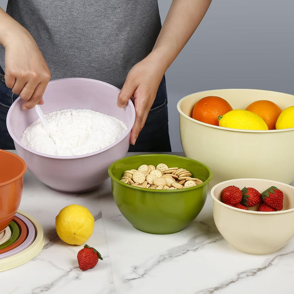Plastic Mixing Bowls with Lids Set for Kitchen, 5 Set Nesting Bowls for Mixing, Baking, Prepping, Cooking and Serving Food, Mixing Bowls Dishwasher, Microwave Safe8
