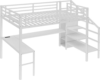 Twin XL Loft Bed with L-Shaped Desk and Storage Stairs, Metal Loft Bed with Wardrobe and USB Charging Station, High Loft Bed with LED Lights for Kids Teens Adults (White, Twin XL)4