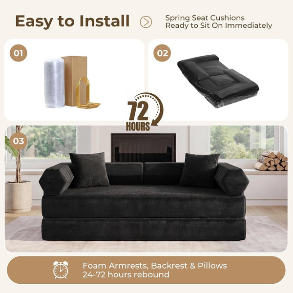 79" Convertible Futon Sofa Bed, Boneless Couch for Living Room | Black9