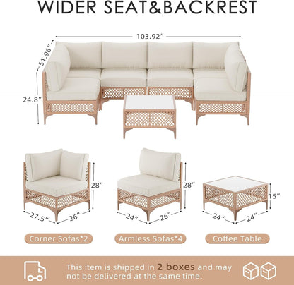 Patio Conversation Sets, 7 Piece Outdoor Furniture Set with Thick Cushions, Wicker Sectional Sofa Set with Coffee Table for Backyard, Poolside, Garden (Beige)3