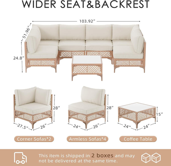 Patio Conversation Sets, 7 Piece Outdoor Furniture Set with Thick Cushions, Wicker Sectional Sofa Set with Coffee Table for Backyard, Poolside, Garden (Beige)3