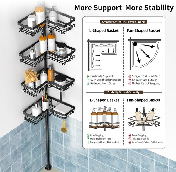 Corner Shower Caddy Tension Pole, Large Capacity Bathroom Organizer3