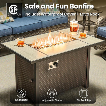 5-Piece Patio Furniture Set with Swivel Chairs Side Table, Outdoor Wicker Sofa with 42" Fire Pit Table, High Back Couch Modern Conversation Sets, Grey Rattan, Denim Blue5