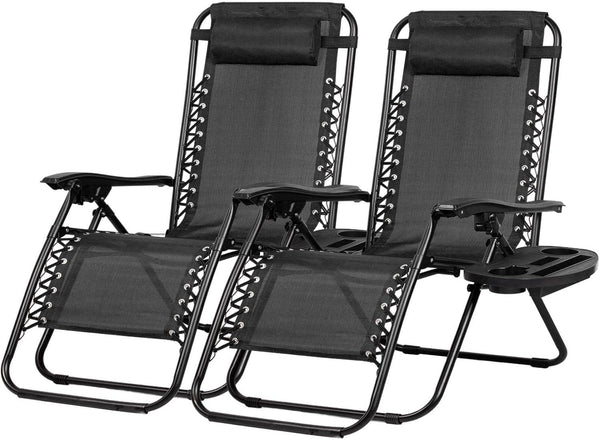 Set of 2 Relaxing Recliners Patio Chairs Adjustable Steel Mesh Zero Gravity Lounge Chair Beach Chairs with Pillow and Cup Holder Black1