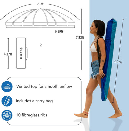 7.5Ft Large Heavy Duty HIGH Wind Beach Umbrella with Sand Anchor & Tilt Sun Shelter, UPF 50+ Protection Outdoor Umbrellas Sunshade with Carry Bag for Patio Garden Pool Backyard Rainbow5