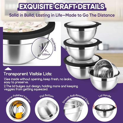 5-Piece Mixing Bowls with Visible Lids, 3 Grater Attachments, Stainless Steel Salad Serving Bowls for Kitchen, 4.6/3.5/2.5/2/1.5 QT Ideal for Prepping & Cooking, Black3