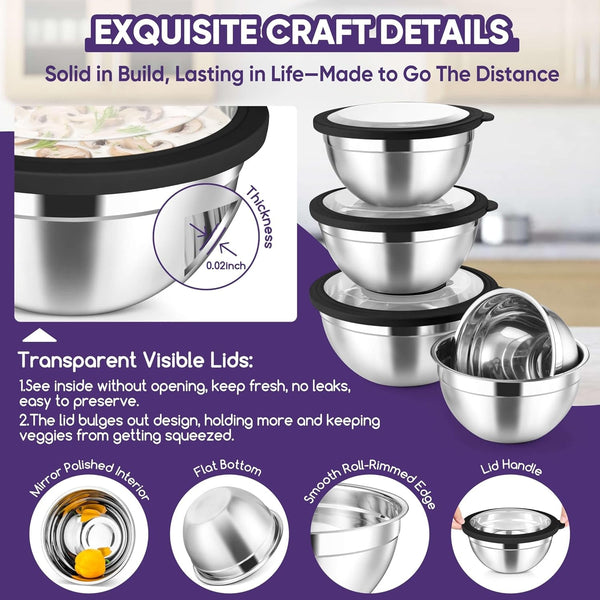 5-Piece Mixing Bowls with Visible Lids, 3 Grater Attachments, Stainless Steel Salad Serving Bowls for Kitchen, 4.6/3.5/2.5/2/1.5 QT Ideal for Prepping & Cooking, Black3