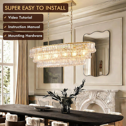 39In Large Chandelier Gold, Modern Dining Room Light Fixtures, 3 Layer Luxury Glass Chandelier 6 Light Rectangular Chandeliers for Dining Room Kitchen Island Living Room (Clear Glass)5
