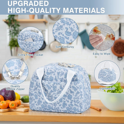 Lunch Bag - Insulated Lunch Box for Women, Reusable Large Capacity Cooler Bag for Adult, Small Leakproof Cute Corduroy Lunch Tote for Work Office Travel Picnic (Corduroy Blue-Flower)3
