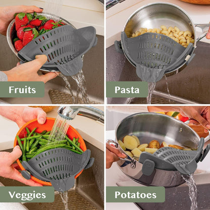 Snap N' Strain - Silicone Pasta Strainer Clip-On for Pots and Pans - Heat Resistant Colander for Vegetables and Noodles - Kitchen Gadgets for Cooking - Space-Saving Design - Gray7