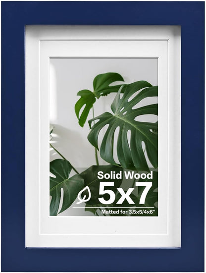 5X7 Picture Frame Made of Solid Wood,Covered by Plexiglass Display Pictures 3.5X5/4X6 with Mat or 5X7 without Mat for Table Top Display and Wall Mounting Photo Frame, Navy Blue1