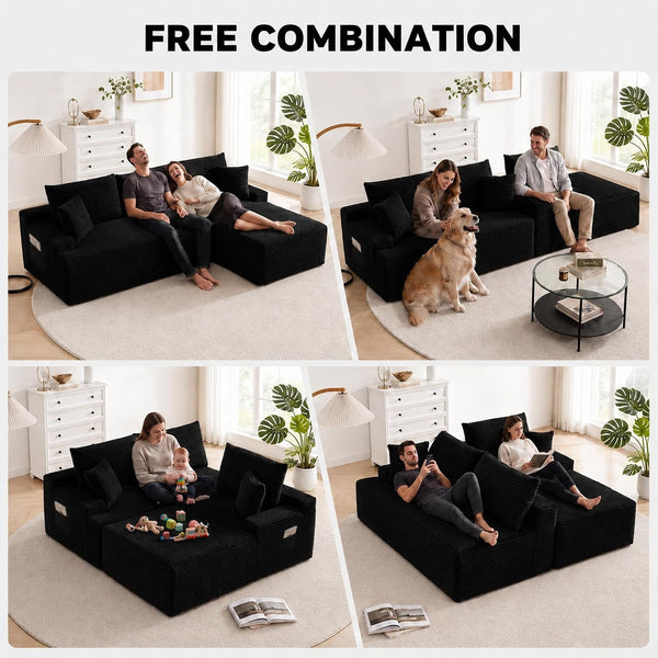 96 Inch Boneless Couch, Modular L-Shaped Cloud Sectional Sofa, Black5