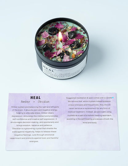 Obsidian Crystal Energy Candle, Good Aura Health Protection, Baltic Amber Chakra Magic Self-Care, Emotional Support, Encouragement and Affirmation Gift.(Heal)7