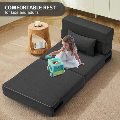 Folding Sofa Bed with Pillow- Convertible Chair Floor Couch & Sleeping Mattress, Foldable Memory Foam Sleeper for Living Room/Dorm/Guest Room/Home Office/Apartment/Loft, Single28, Dark Gray3