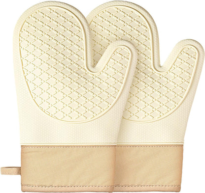 Silicone Oven Mitts (2 PCS), Waterproof Non Slip Grip Oven Gloves with Thick Soft Cotton Lining, Universal Fit Heat Resistant Kitchen Gloves for Baking, BBQ, Cooking and Grilling - White1