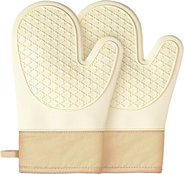 Silicone Oven Mitts (2 PCS), Waterproof Non Slip Grip Oven Gloves with Thick Soft Cotton Lining, Universal Fit Heat Resistant Kitchen Gloves for Baking, BBQ, Cooking and Grilling - White1