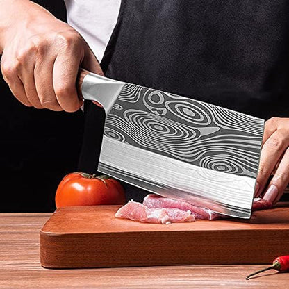 Cleaver Knife,Meat Cleaver Germany Stainless Steel Kitchen Knife Chef Slicing Meat Cleaver 4Cr13Mov Laser Damascus Pattern Knives Cooking Tools (Color : Slicing Knife)5
