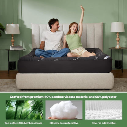 Queen Mattress Topper Viscose Bamboo, Thick Pillow Top Mattress Pad | Stretchable Pockets Fit 6”-18” Mattress, Soft Breathable Mattress Topper for Back Pain Relief and Hot Sleepers(Dark Gray)3