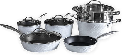 Luxurious Non-Stick Ceramic 10 Piece White Hammered Cookware Set with Glass Lids, Lightweight,Scratch-Resistant, Dishwasher Safe,Oven Safe up to 500°F,Suitable for All Stove Types1
