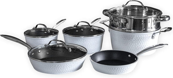 Luxurious Non-Stick Ceramic 10 Piece White Hammered Cookware Set with Glass Lids, Lightweight,Scratch-Resistant, Dishwasher Safe,Oven Safe up to 500°F,Suitable for All Stove Types1