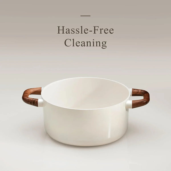 5QT Nonstick Stock Pot with Lid, 5 Quart Casserole with Ladle, Even Heating Stockpot, Fits All Stoves, Non Stick Big Cooking Pots PFOA Free, White4