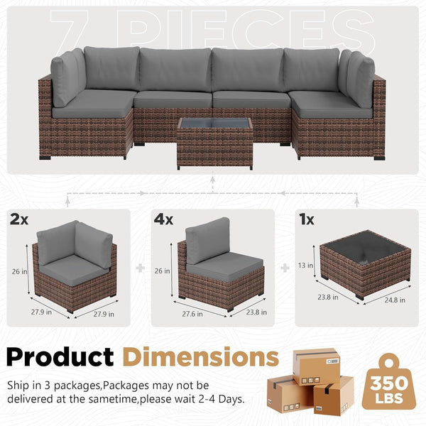 Patio Furniture Set with Rain Cover,7 Pieces Outdoor Wicker Rattan Patio Furniture, Wicker Rattan Outdoor Sectional Sofa Set with Coffee Table for Garden, Poolside Taupe-Grey9