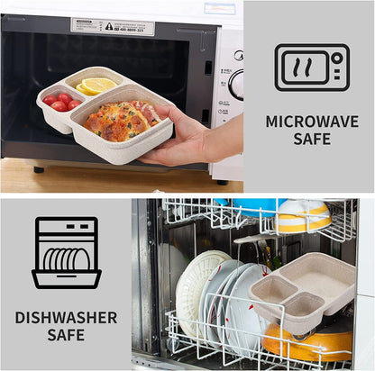 4 Pack Bento Lunch Box Set 3 Compartment Food Storage Containers Wheat Straw Meal Prep Lunch Box Plastic Food Storage Containers, Microwave and Dishwasher Safe (Light Colour)5