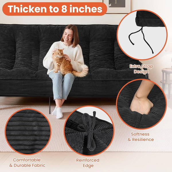 8" Futon Mattress Full Size, Futons Sofa Bed Sleeper Couch Bed, Roll up Mattress with Shredded Foam & 2 Straps for Storage, Futon Floor Mattress for Living Room, Corduroy (Frame Not Included)6