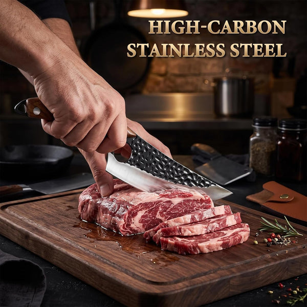 7" Chef Knife, Hand Forged Butcher Knives with Sheath, High Carbon Steel Japanese Knife Meat Cleaver Knife for Kitchen Meat Cutting, Viking Style Knives for Camping, Hunting, BBQ, Gifts for Men4