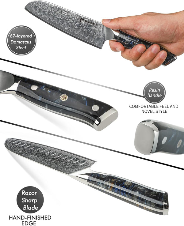 Santoku Knife - 7 Inch - Xuan Series - VG10 Damascus Steel Kitchen Knife - Resin Handle (Starry Black)3