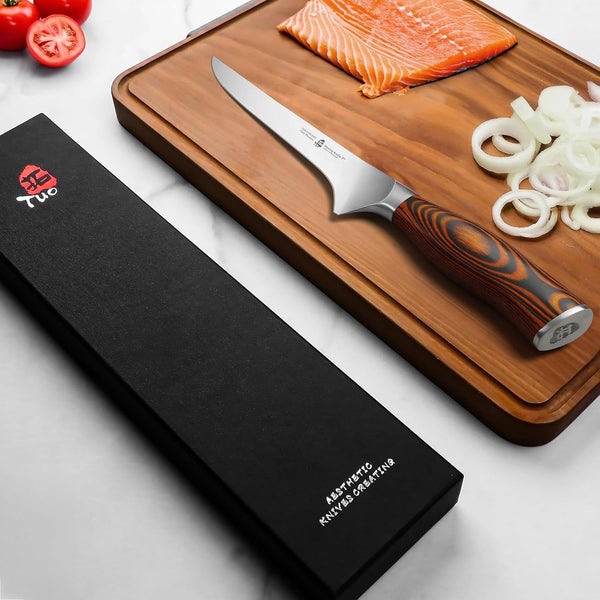 Boning Knife, 7 Inch Sharp Fillet Knife for Trimming Meat with Bones, Woodgrain Pakkawood Handle, High Carbon German Steel, Gift Box Included8