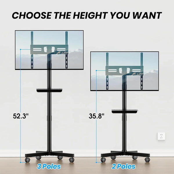 Mobile TV Cart for 23-60 Inch LCD LED OLED Flat Curved Screen Tvs - Height Adjustable Rolling Floor Stand with Shelf and Locking Wheels - up to 88Lbs, Max VESA 400X400Mm, Black3