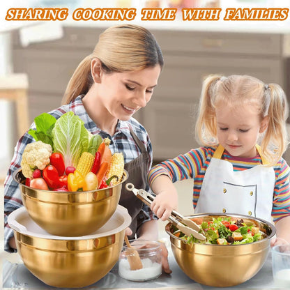 7 Pack Gold Mixing Bowls Set with 5 PCS Kitchen Accessories, Stainless Steel Nesting Mixing Bowls with Airtight Lids, Baking, Prepping and Serving Food, Stackable Size 7,3.6,2.7,2.1,1.5,1.1,0.8QT7