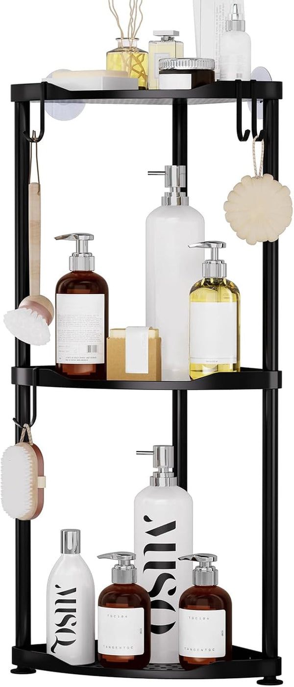 Corner Shower Caddy Standing - 3 Tier Stainless Steel Shower Organizer Stand, Large Capacity Floor Shelf with 4 Hooks, Rustproof Bathroom Storage Rack, Black1