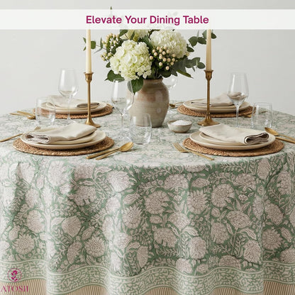 Jade 100% Cotton Boho round Tablecloth, Block Print Floral Table Cloth Linen for Dining, Parties, Weddings, Outdoors I Table Decor 90" Inches I7