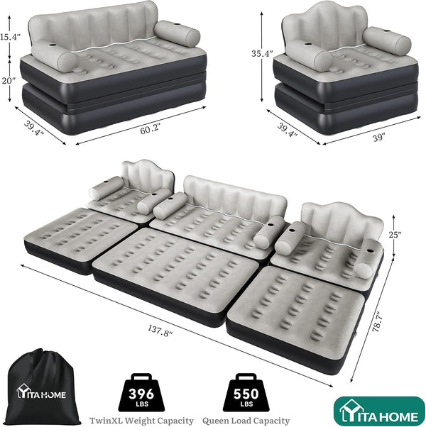 3-Pc Air Sofa Set with Headboard & Pump, Queen and 2 Twin, Gray9