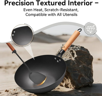 11.8" High Purity Iron Wok Pan,Flat Bottom Stir Fry Pan for Electric,Induction & Gas Stoves,No Chemical Coating Carbon Steel Alternative,Traditional Hand-Hammered Skillet for Cooking3