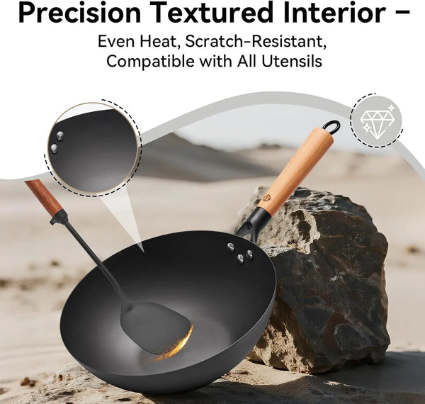 11.8" High Purity Iron Wok Pan,Flat Bottom Stir Fry Pan for Electric,Induction & Gas Stoves,No Chemical Coating Carbon Steel Alternative,Traditional Hand-Hammered Skillet for Cooking3