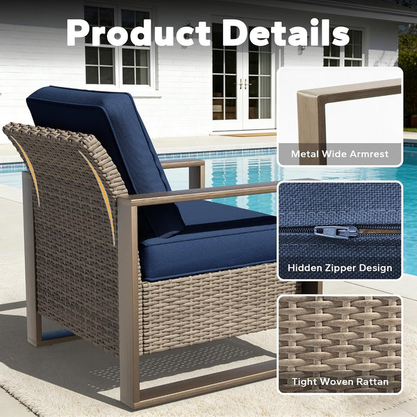 5 Pieces Metal Wicker Patio Furniture Set - 75" Sofa, Two Armchairs and Two Ottomans, All Weather Rattan Outdoor Conversation Furniture with Washable Cushion for Deck Porch, Dark Blue4