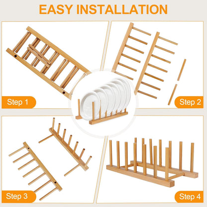 Bamboo Wooden Dish Racks Plate Stand Holder Vertical Drainer Kitchen Cabinet Organizer for Dish, Pots, Lids, Bowls, Cups, and Cutting Boards and Books(2 Packs)3