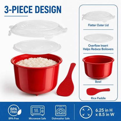 Microwave Rice Cooker with Steamer Lid and Spoon – Bpa-Free 2.6L Rice Maker, Dishwasher Safe, for Basmati, Jasmine, Spanish, Indian Rice, Pasta, Ramen and Vegetables2