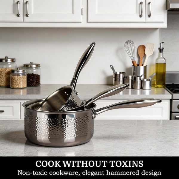 14-Piece Tri-Ply Hammered Stainless Steel Cookware Set | Multifunctional 14Pc Pots and Pans with Steamer | Non-Toxic No-Coating Nonstick | Induction & Oven-Safe up to 500°F2