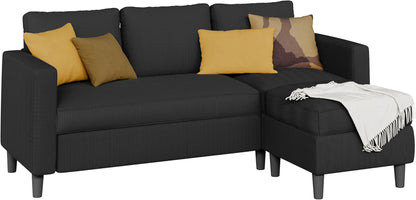 L Shaped Sectional Sofa Couch,Convertible Modular Sofas with Movable Ottoman,3-Seat Upholstered Corduroy Couch,Small Couches for Living Room,Apartment,Office(Black)1