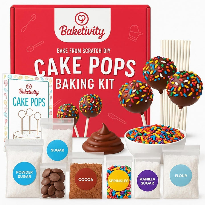 DIY Cake Pop Kids Baking Kit with Pre-Measured Ingredients | Bake 10–12 Treats with Decorating Supplies, Activity Book, and Simple Recipe Gift Idea for Boys and Girls Ages 4-12