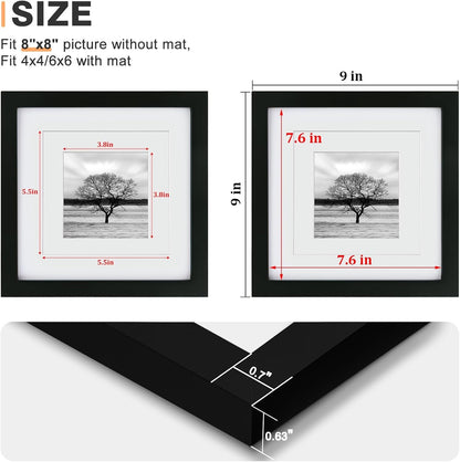 8X8 Picture Frames 4 Pcs,Solid Wood Frame Fits 4X4/6X6 with Mat or 8X8 without Photo Frame Covered by Plexiglass,For Wall Hanging and Tabletop,Wooden Square Picture Frame,Black3