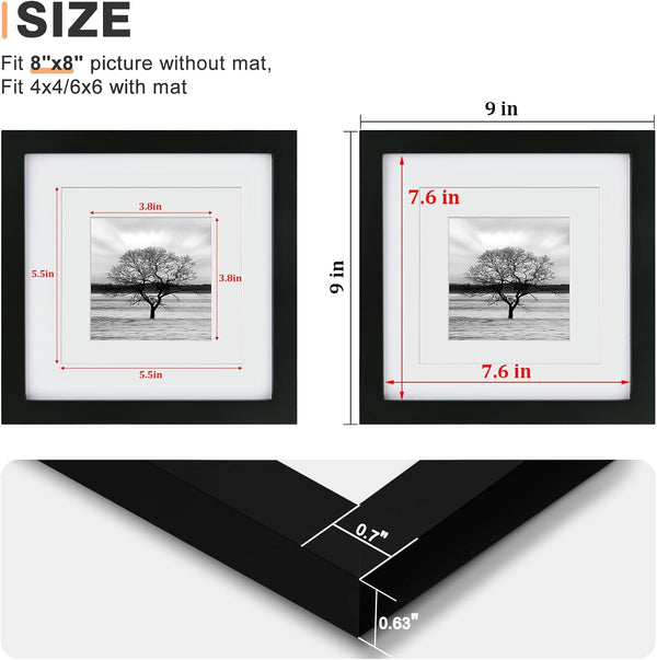 8X8 Picture Frames 4 Pcs,Solid Wood Frame Fits 4X4/6X6 with Mat or 8X8 without Photo Frame Covered by Plexiglass,For Wall Hanging and Tabletop,Wooden Square Picture Frame,Black3