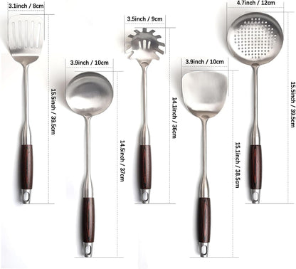 Stainless Steel Cooking Utensils Set with Wooden Handle, 5-Piece Heat Resistant Kitchen Utensil Tool for Cookware Set -Spatula, Turner, Spaghetti Server, Skimmer Spoon, Soup Ladle3