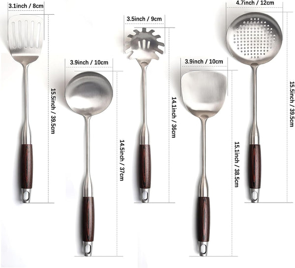 Stainless Steel Cooking Utensils Set with Wooden Handle, 5-Piece Heat Resistant Kitchen Utensil Tool for Cookware Set -Spatula, Turner, Spaghetti Server, Skimmer Spoon, Soup Ladle3