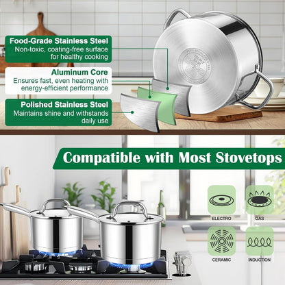 Stainless Steel Cookware Set, 10-Piece Induction Pots and Pans Set | Non-Toxic Kitchen Cooking Set W/Frying Pan, Saucepan, Saute Pan, Stockpot with Lids, Oven & Dishwasher Safe3