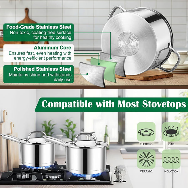 Stainless Steel Cookware Set, 10-Piece Induction Pots and Pans Set | Non-Toxic Kitchen Cooking Set W/Frying Pan, Saucepan, Saute Pan, Stockpot with Lids, Oven & Dishwasher Safe3